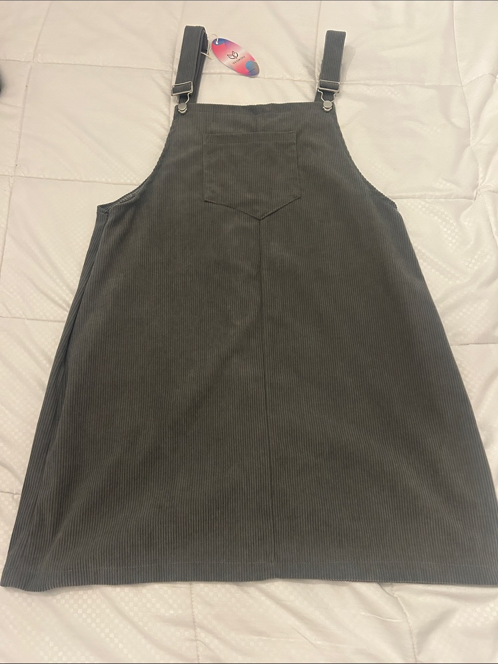 Women’s Gray Corduroy Overall dress with Chest Pocket Large